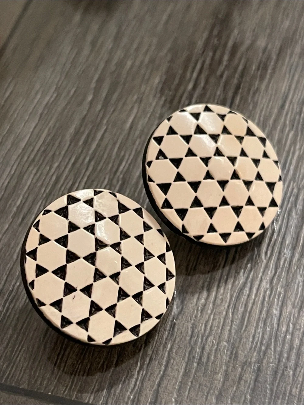 Vintage Round Button Clip Earrings with Geometric Pattern